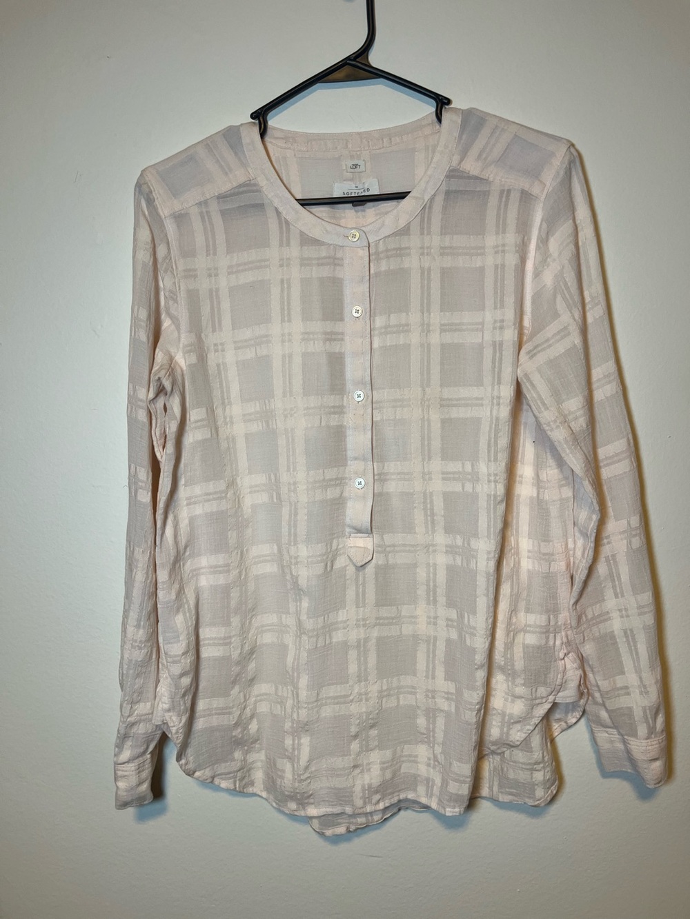 LOFT Light Pink Plaid Button-Front Long Sleeve Top loft